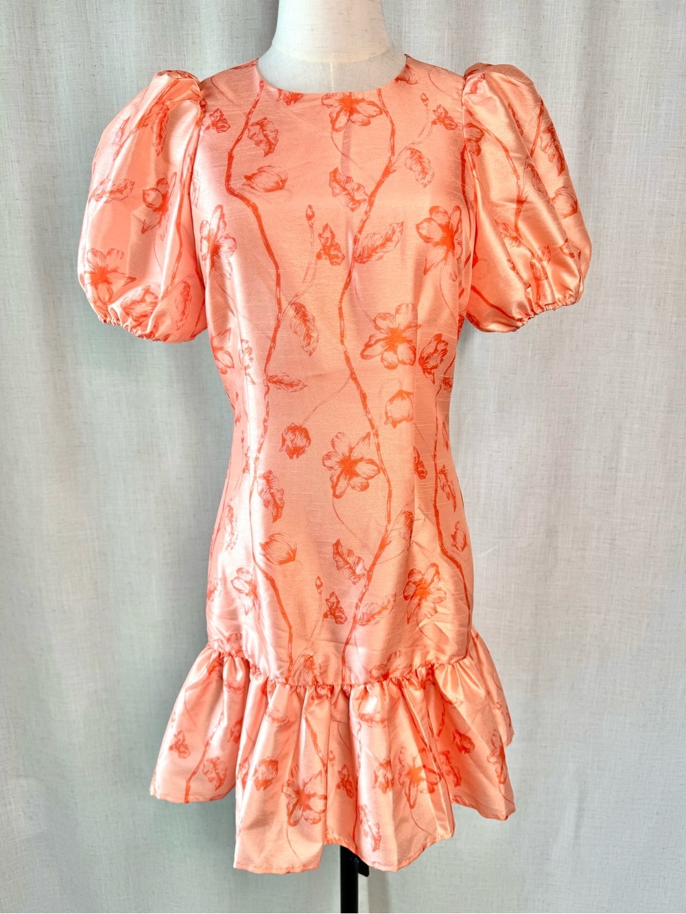 Hutch Rayan Floral Jacquard Puff Sleeve Mini Dress Peach XS NWT